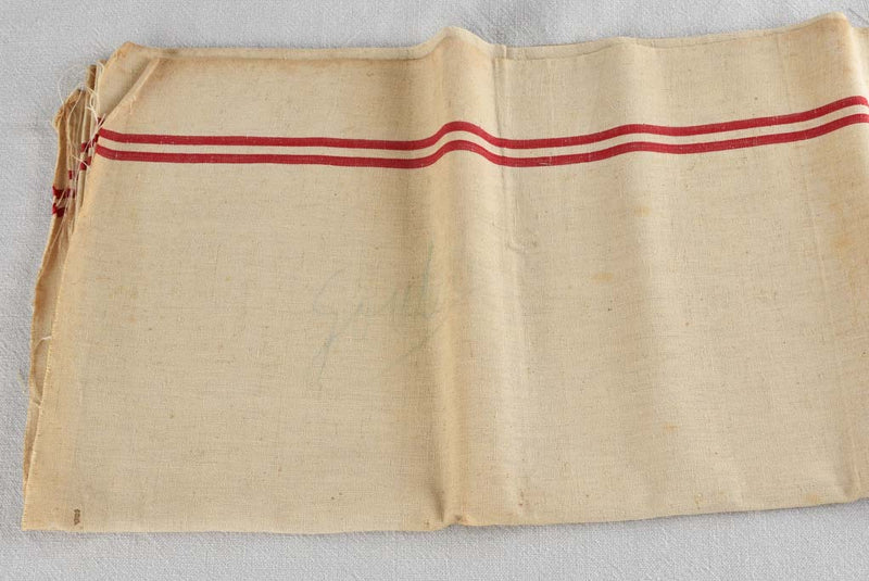 Large antique French linen fabric with double red stripe - never used 23¼" x 76½"