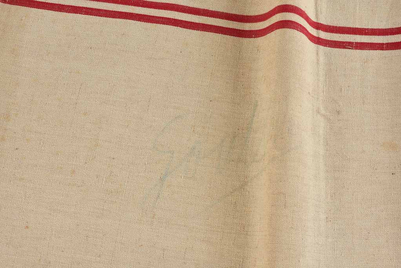 Large antique French linen fabric with double red stripe - never used 23¼" x 76½"