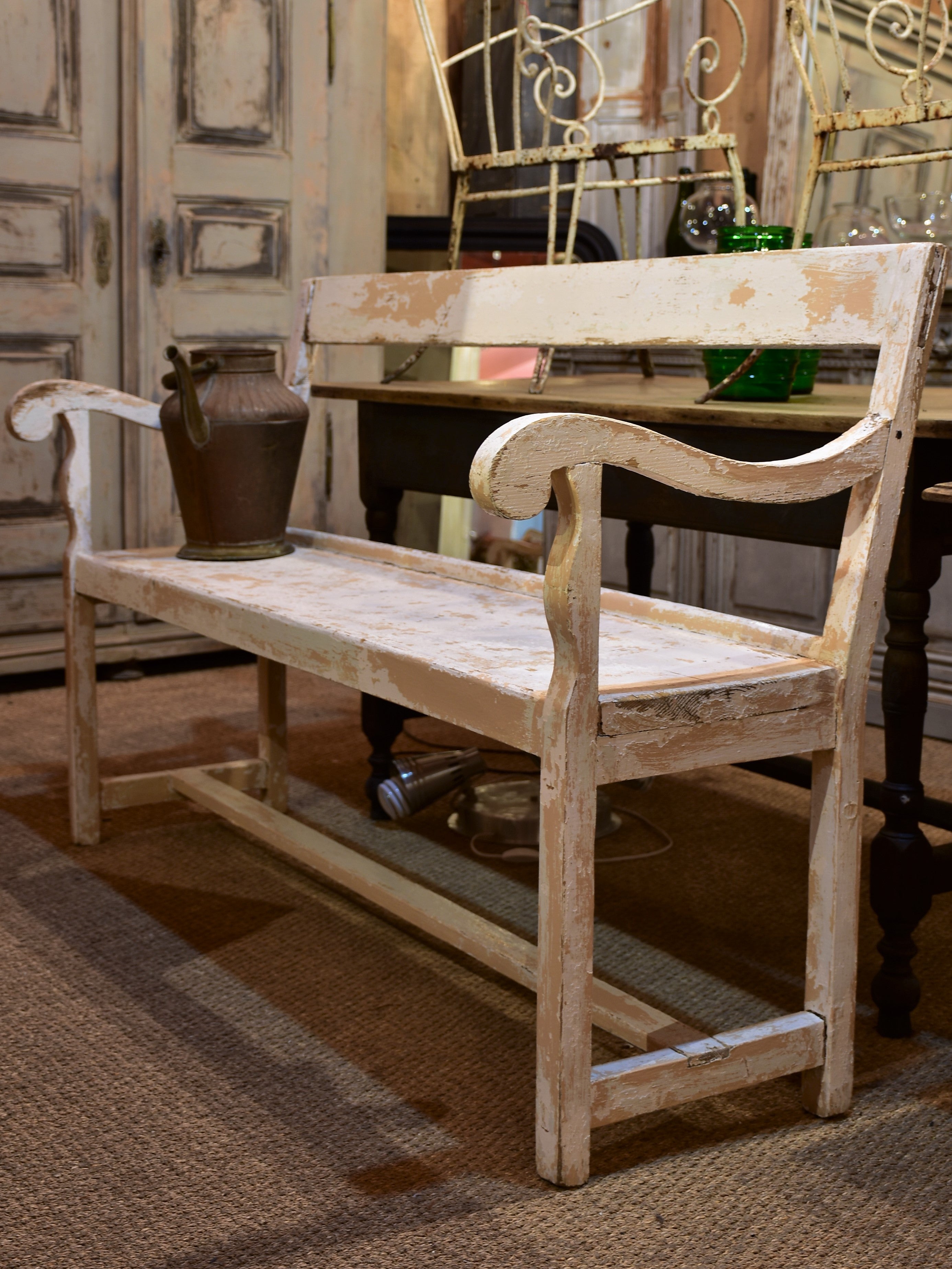 Antique French garden bench seat with white patina