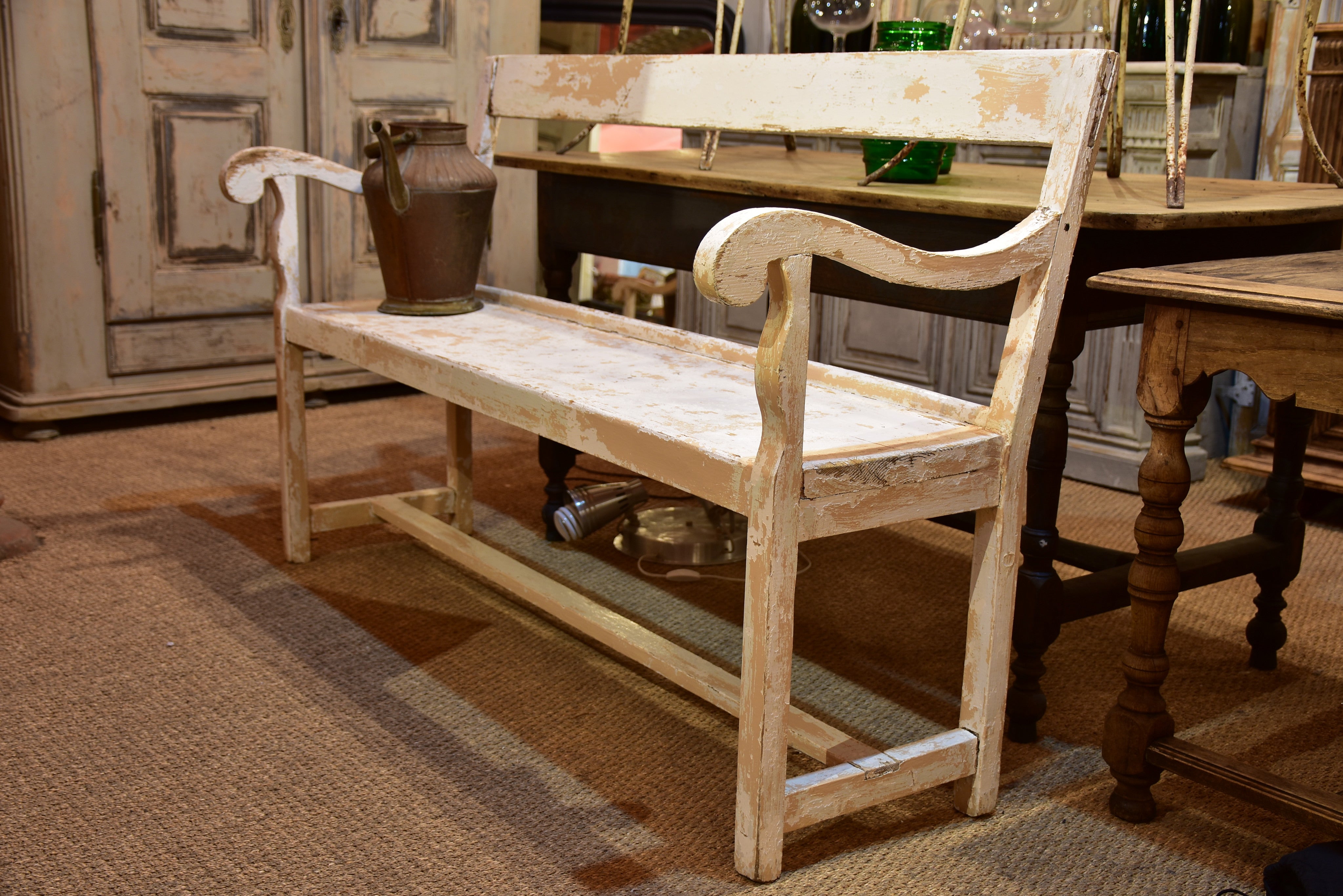 Antique French garden bench seat with white patina