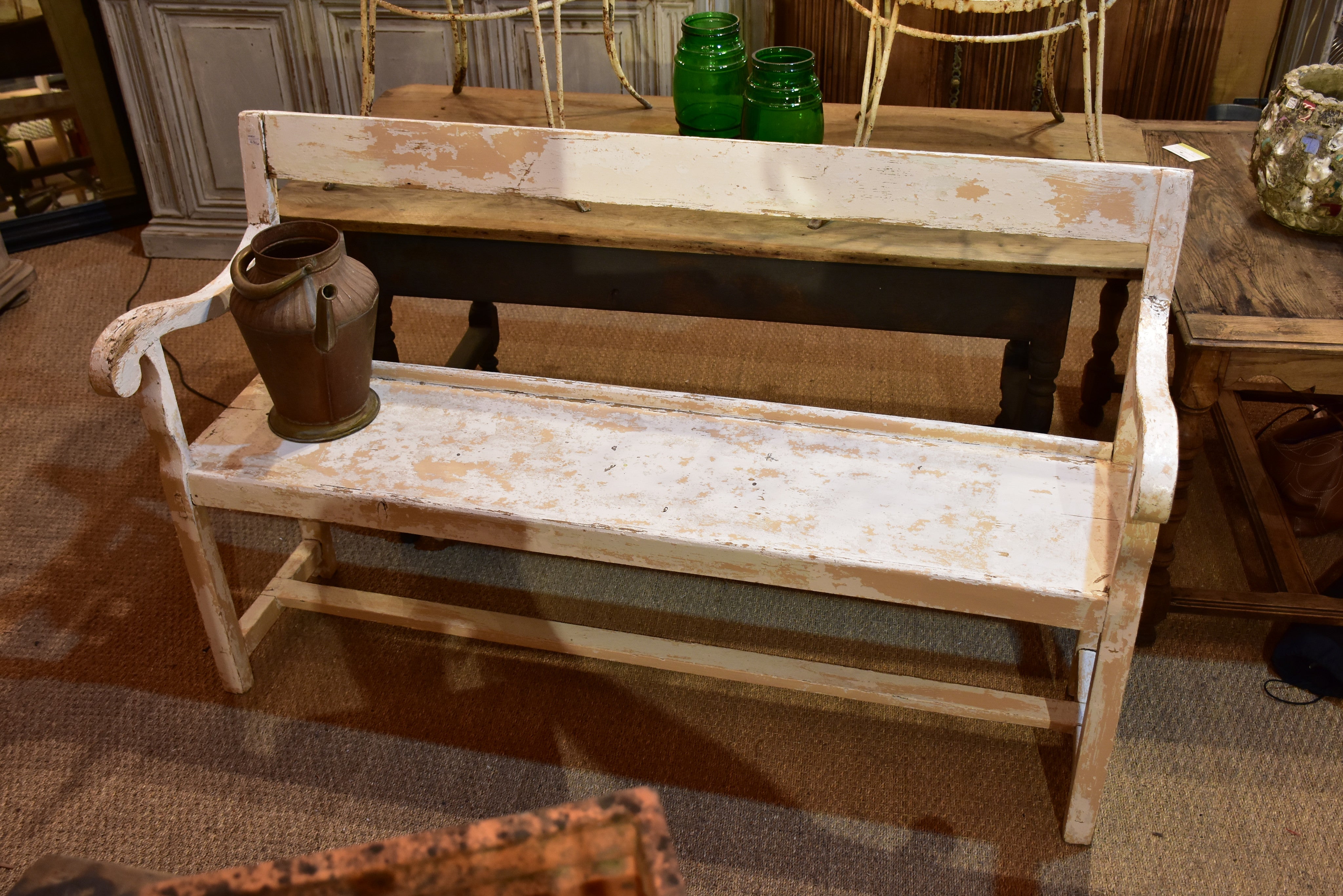 Antique French garden bench seat with white patina