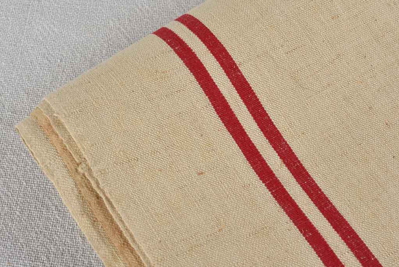 Large antique French linen fabric with double red stripe - never used 23¼" x 76½"