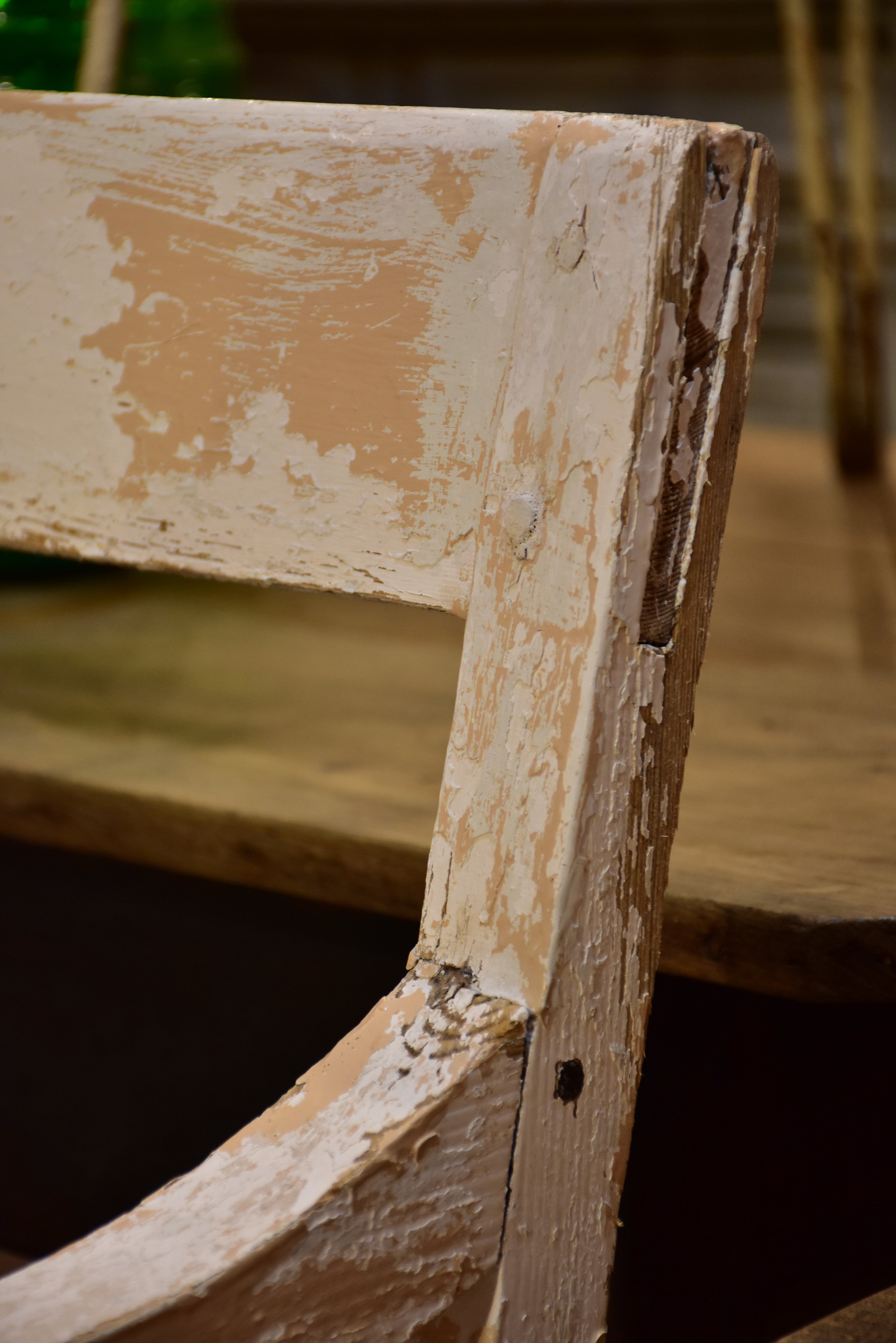 Antique French garden bench seat with white patina