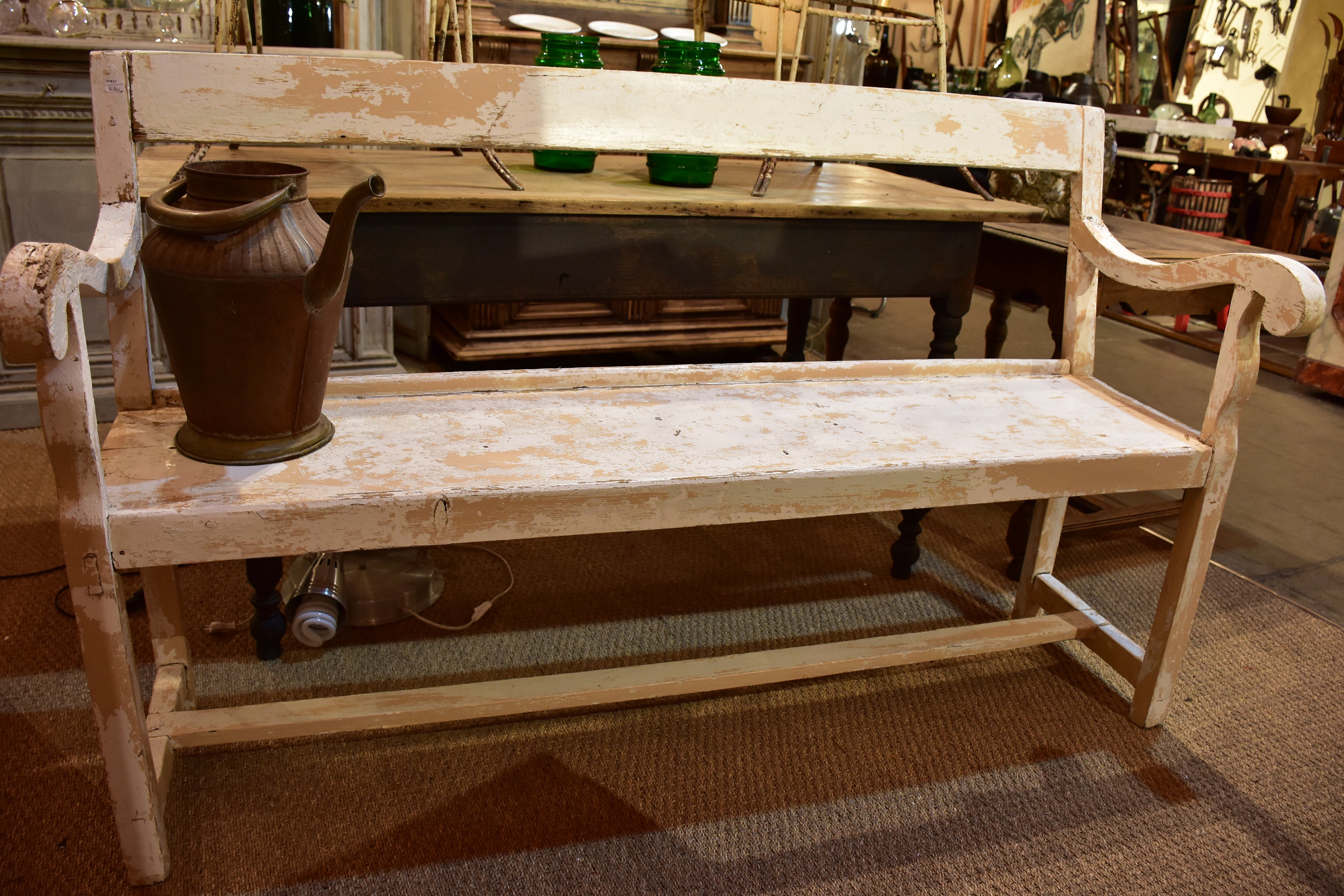 Antique French garden bench seat with white patina
