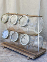 Six Antique French Glass Jars with Wooden Stand