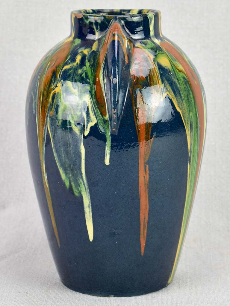 Vintage F. Hertz Annecy vase with blue ocher and green glaze 9"