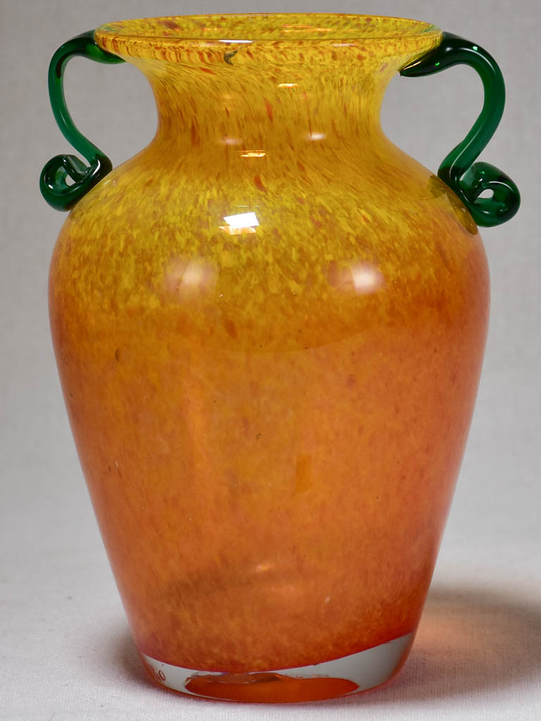 1970's Italian blown glass vase - orange with green handles 8¼"