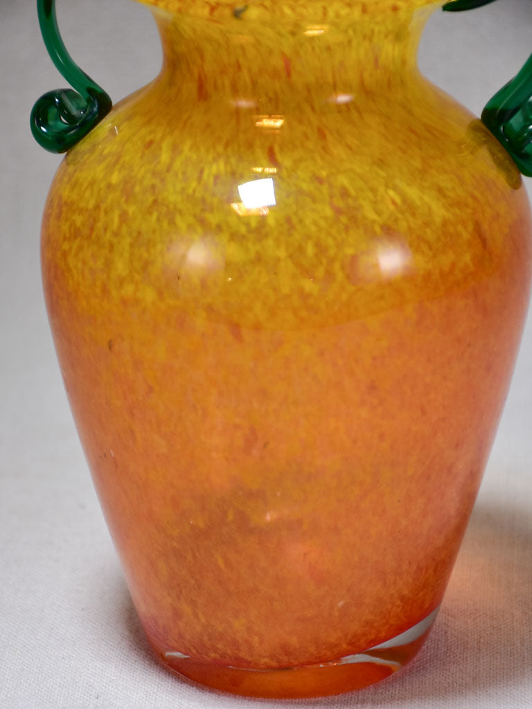 1970's Italian blown glass vase - orange with green handles 8¼"
