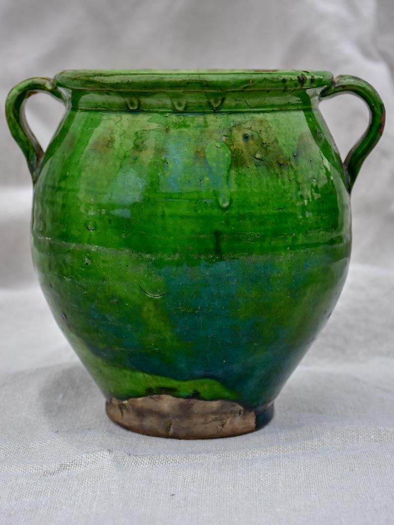 Antique French confit pot with deep green glaze 7½"