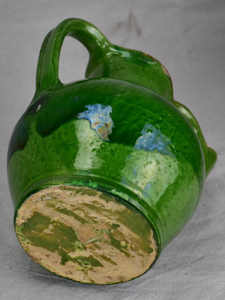 Early 20th century French water cruche with green glaze 9¾"
