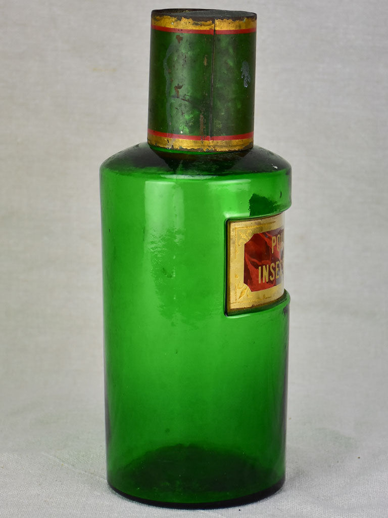 Antique French apothecary glass jar - green. Poudre Insecticide