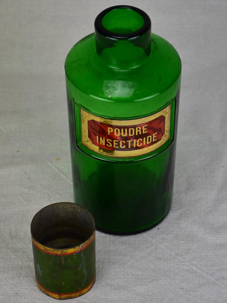 Antique French apothecary glass jar - green. Poudre Insecticide