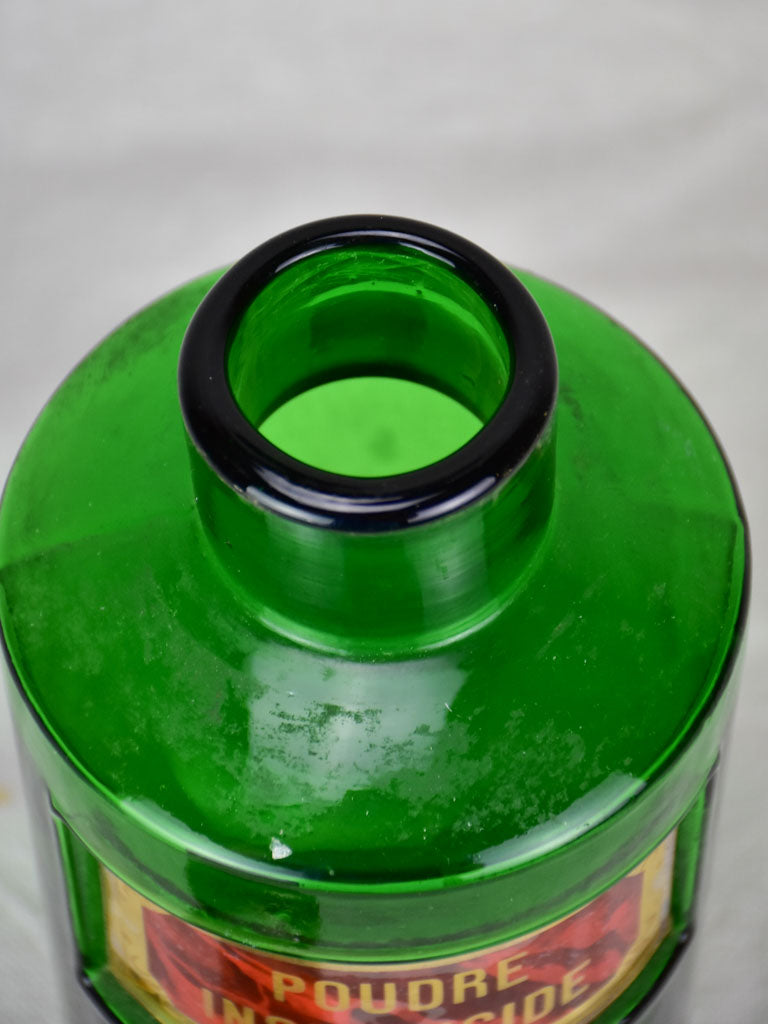 Antique French apothecary glass jar - green. Poudre Insecticide