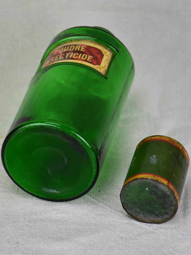 Antique French apothecary glass jar - green. Poudre Insecticide