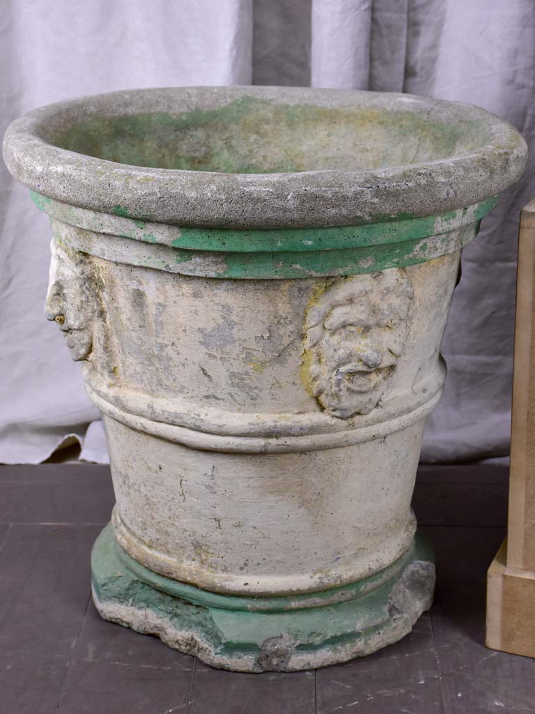 Pair of very large antique Italian garden planters with masquerades and green stripes