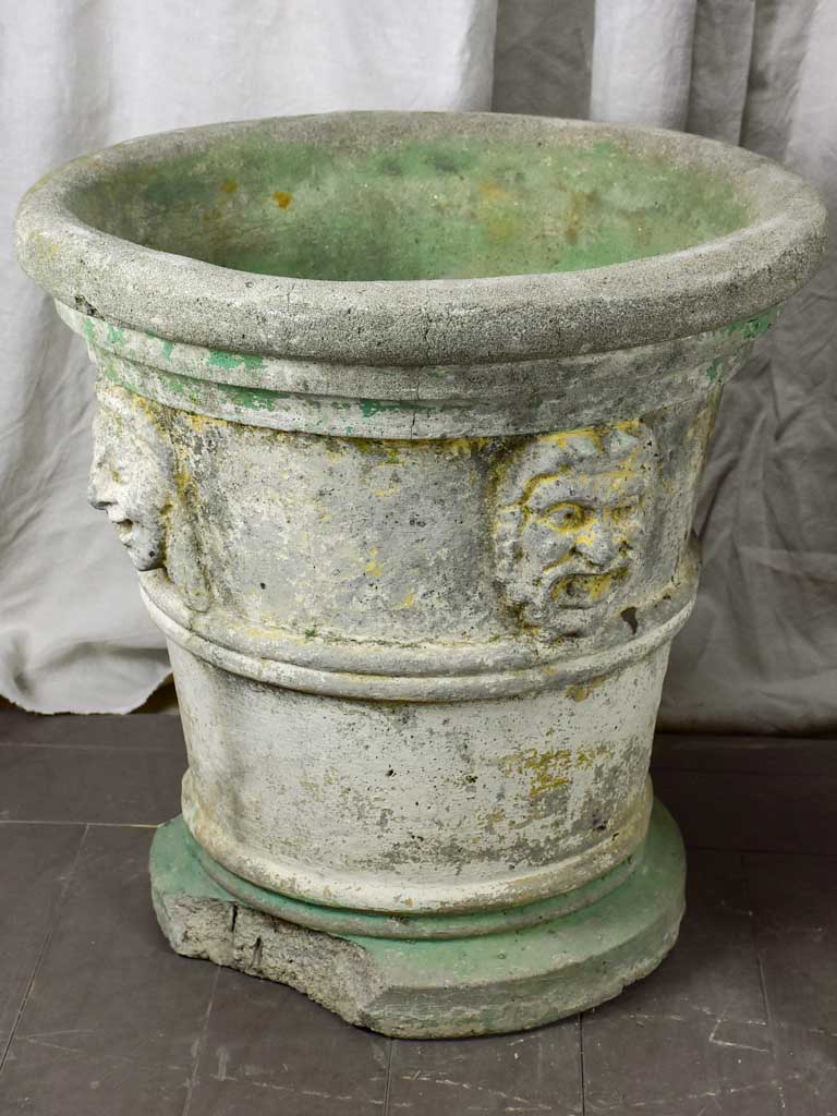 Pair of very large antique Italian garden planters with masquerades and green stripes