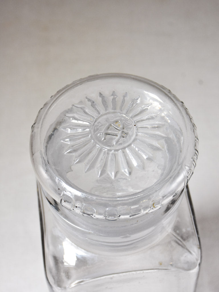 Antique French glass candy jar with lid - square 12½"