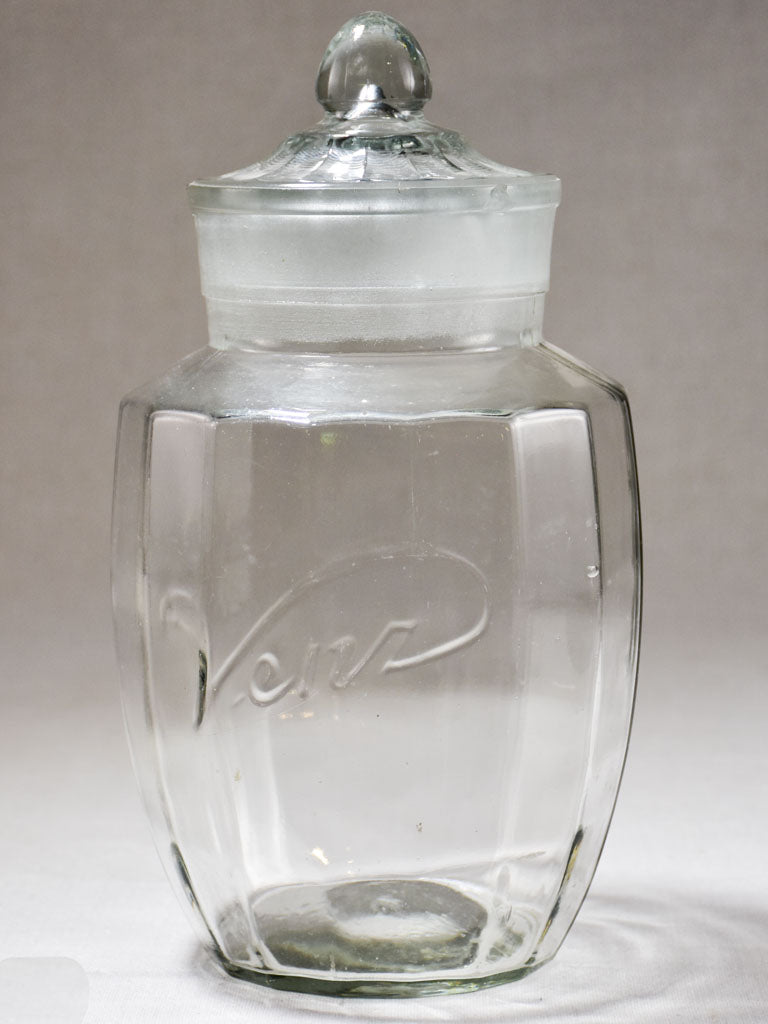 Antique French glass candy jar with lid - faceted 11¾"