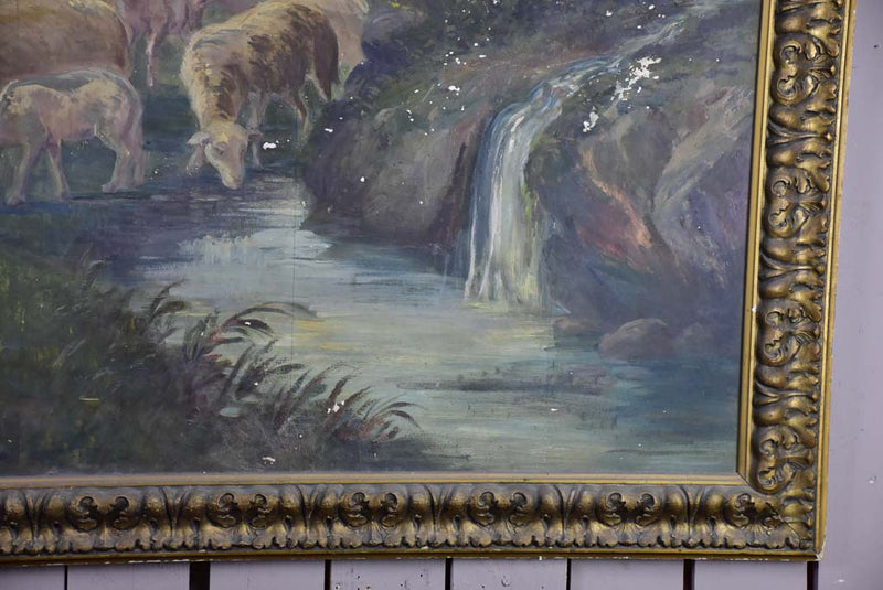 Very large painting of a young shepherd and his flock drinking at a stream 58" x 79½"