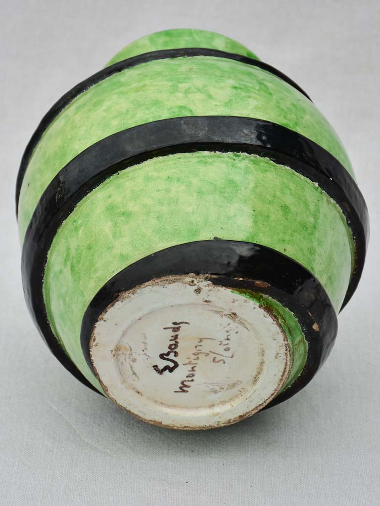 Mid century vase with green glaze and black swirl - Montigny Sur Loing Majolica 10¼"