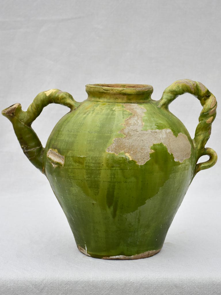 Large rustic antique French water pitcher with pea green glaze 13¾"