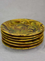 Six terracotta plates with green and yellow glaze 9½"