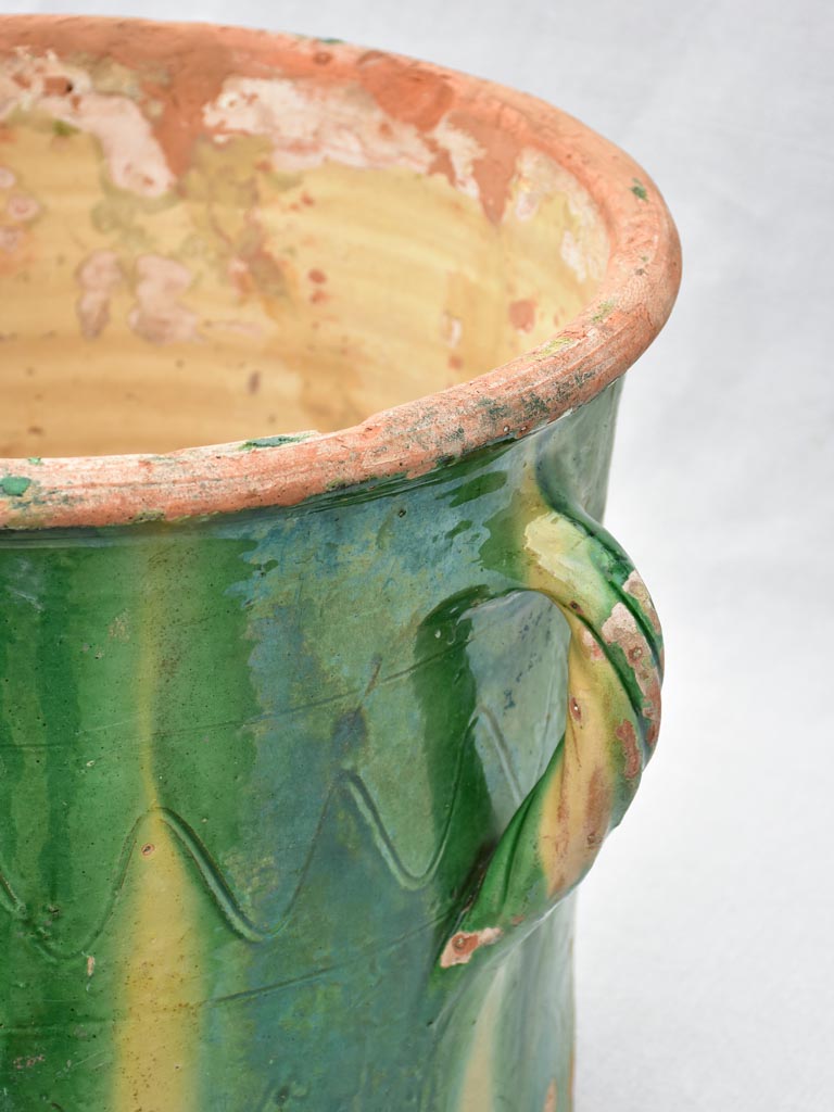 Large antique French pot / planter with two handles and green glaze
