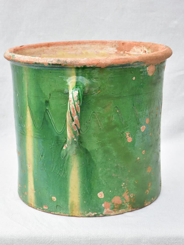 Large antique French pot / planter with two handles and green glaze