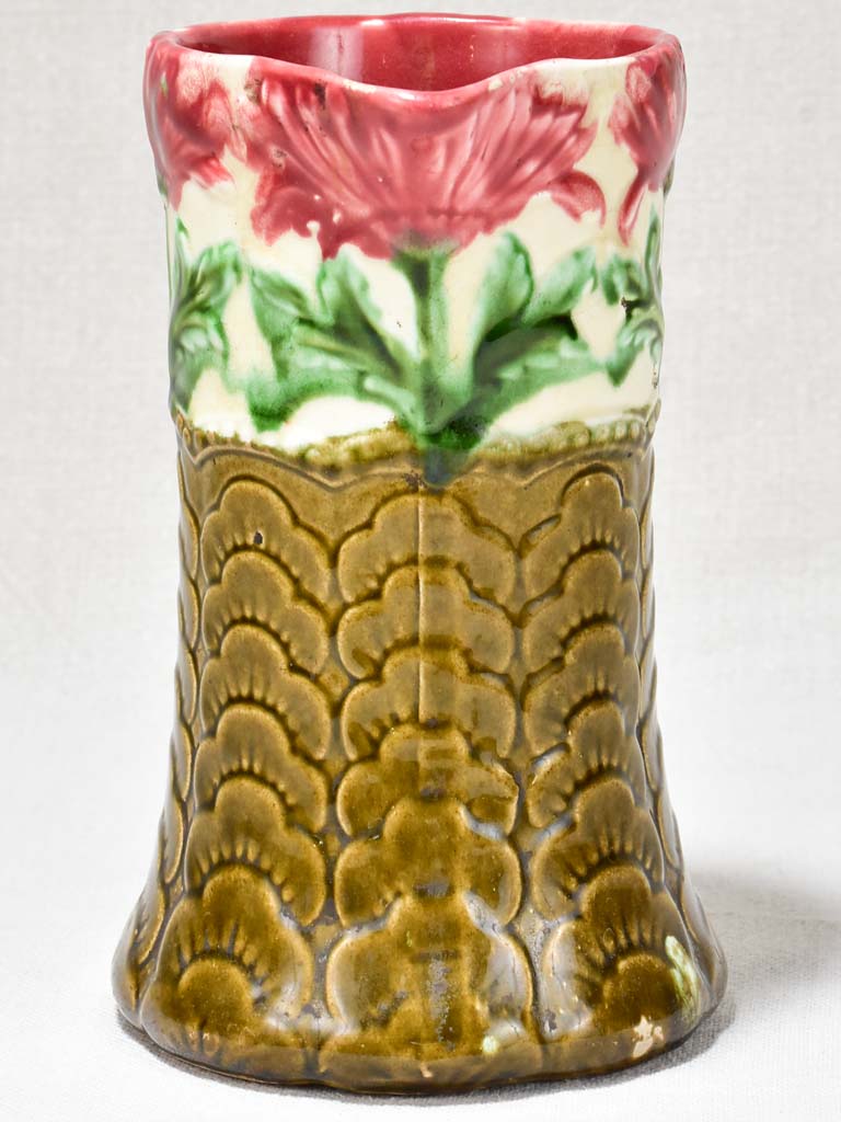 Early 20th Century Barbotine pitcher - red flowers