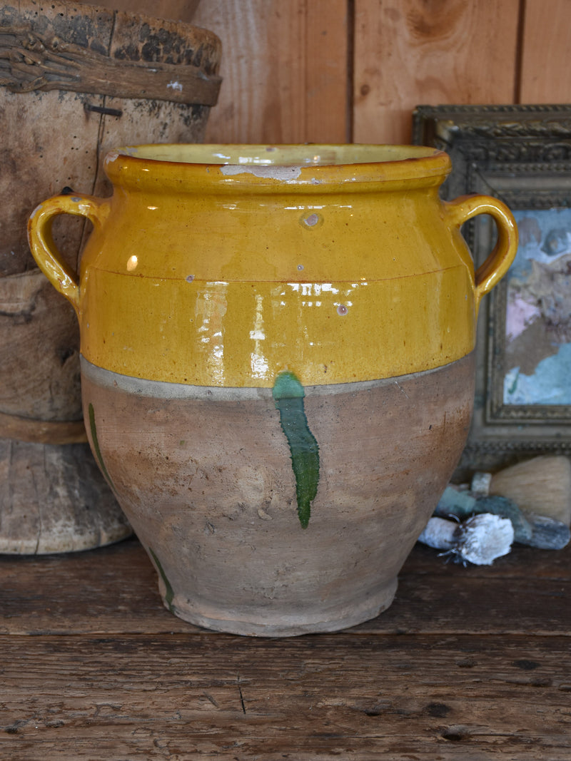 Large late 19th century French confit pot with ochre glaze & green  - 13¾"?