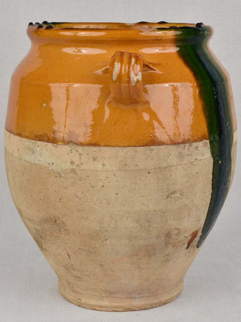 Confit pot, antique, green & yellow 12½"