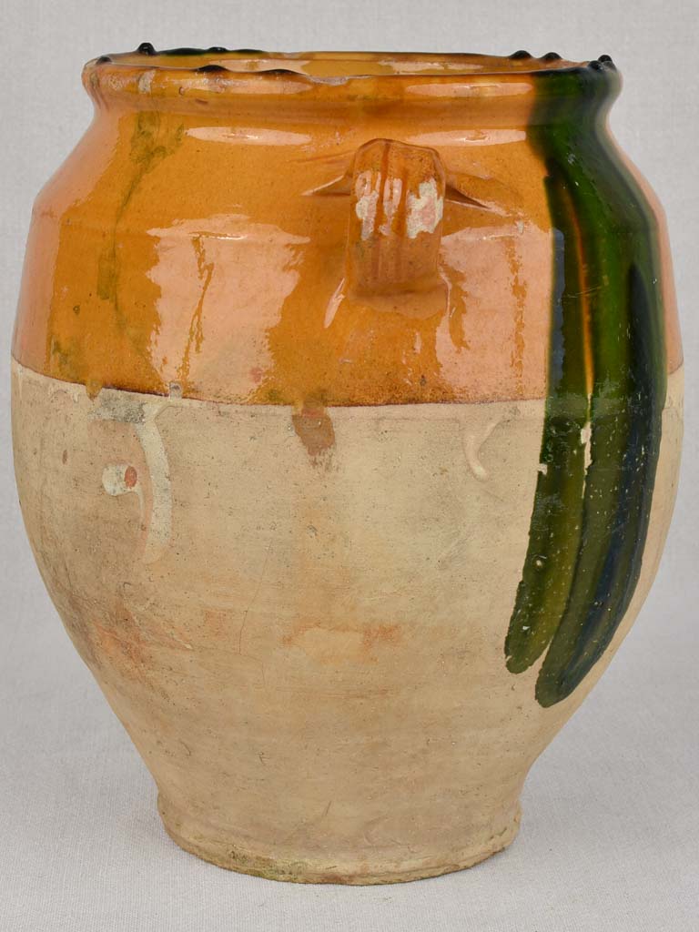Confit pot, antique, green & yellow 12½"