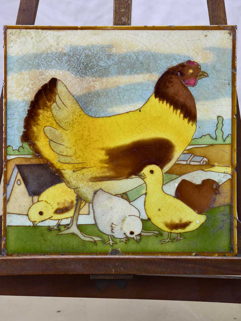 Antique French tile from a butcher's shop - chickens 8" x 8"