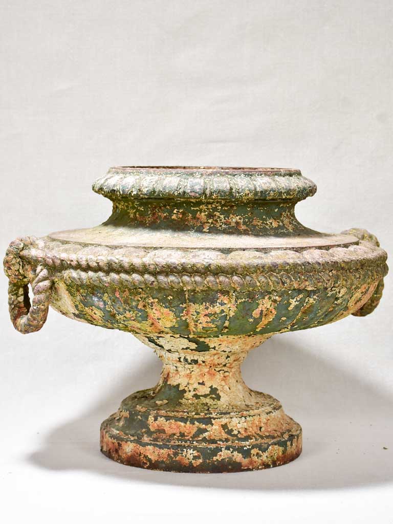 19th-century French cast iron garden urn with rope detail 18"