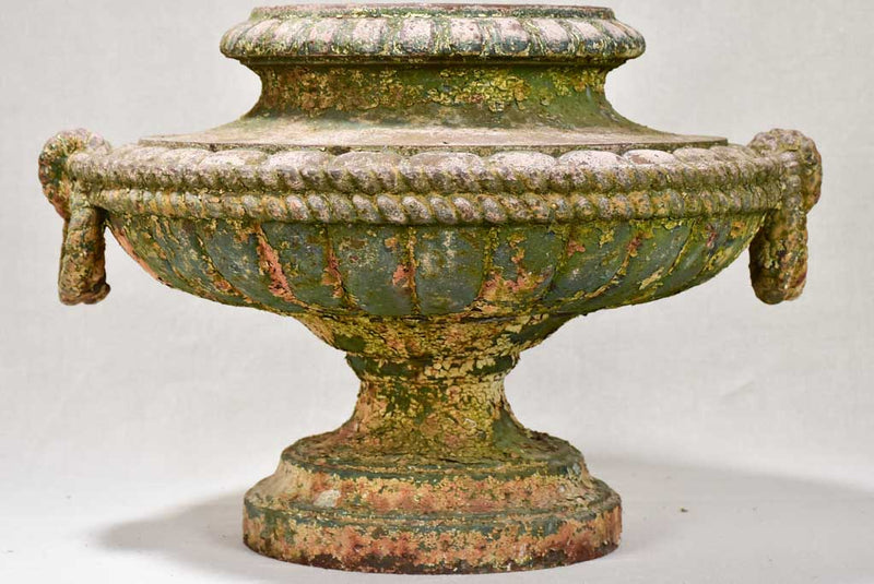 19th-century French cast iron garden urn with rope detail 18"