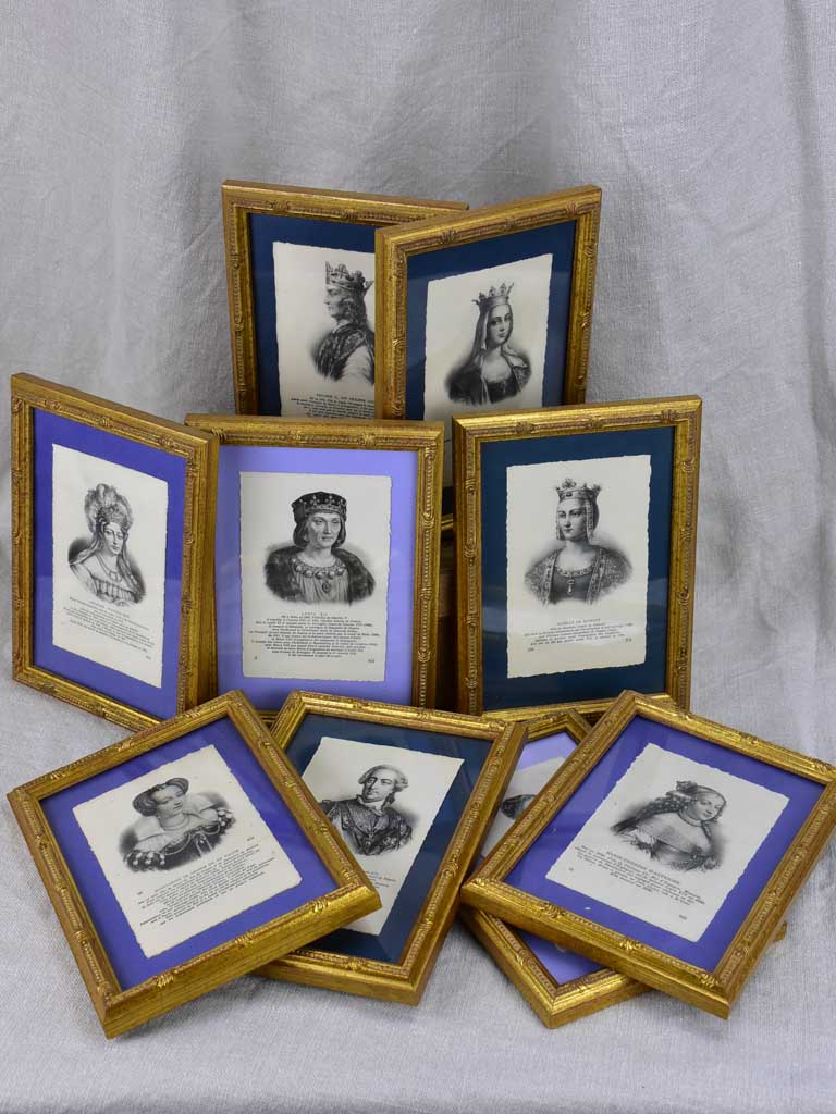 Collection of nine framed engravings of notable French historical figures