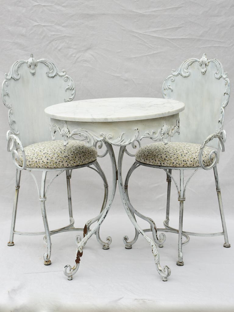 Pair of mid-century French garden armchairs and marble table - outdoor setting
