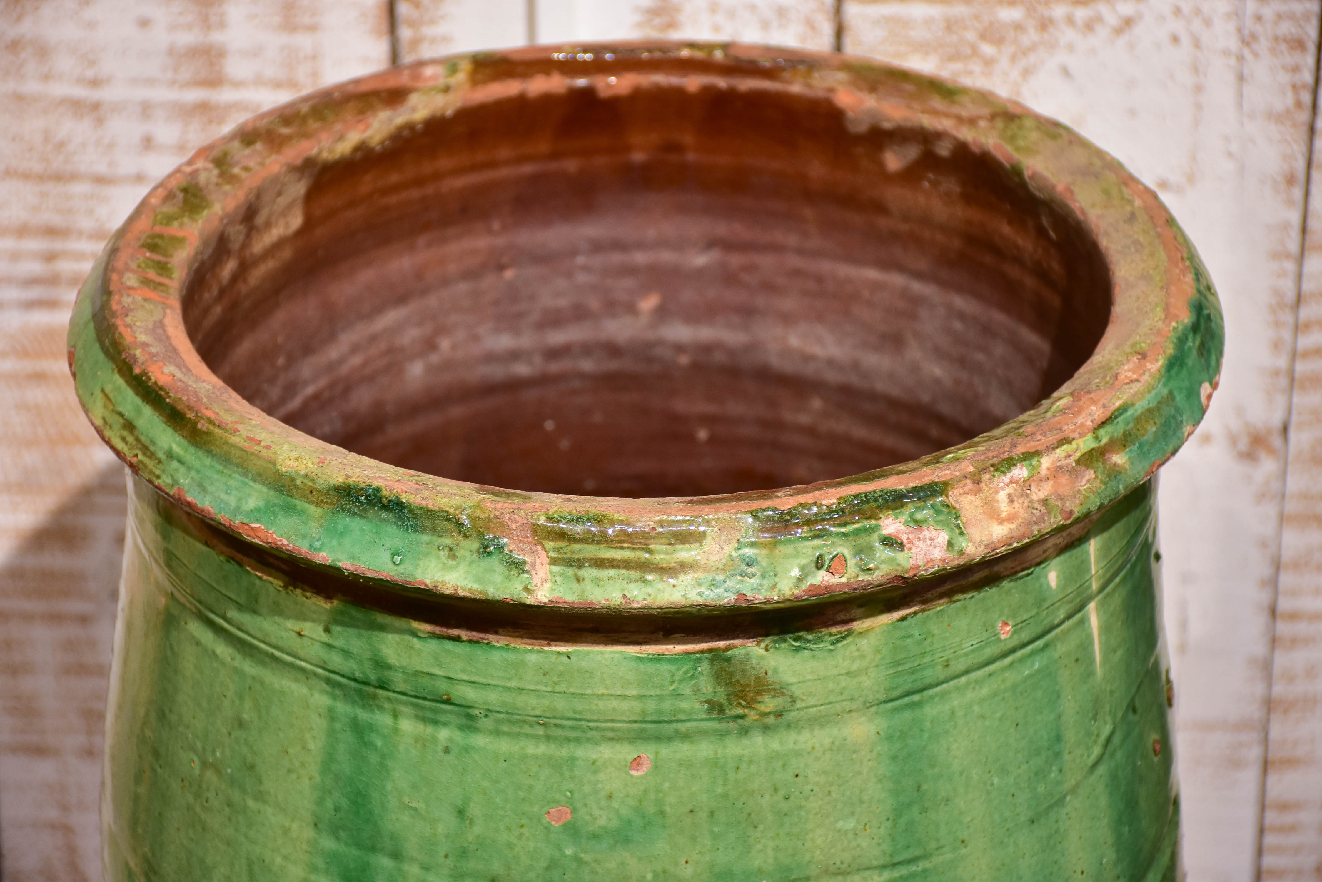 Antique French garden planter from Anduze with green glaze