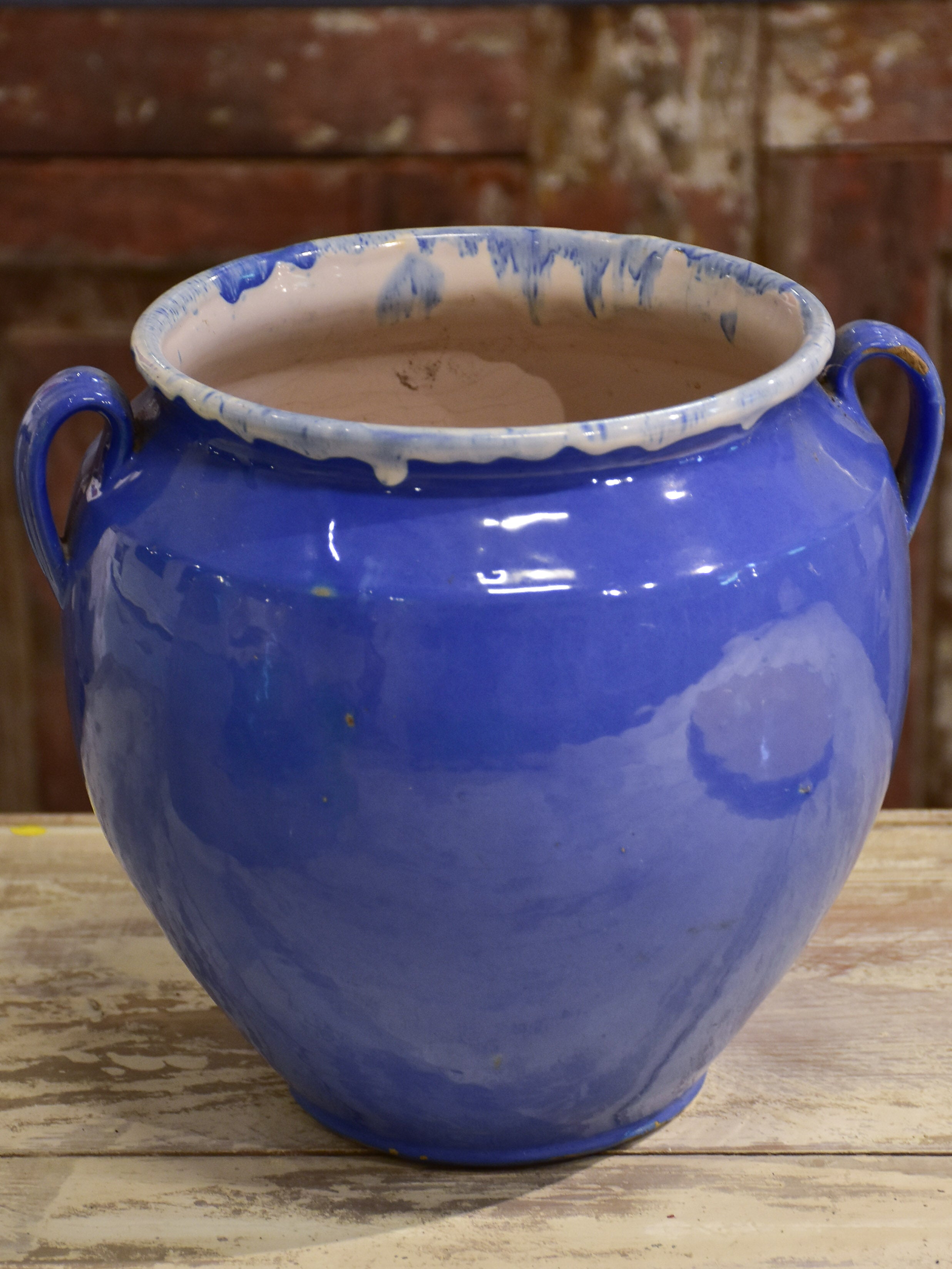 Antique French confit pot with blue glaze