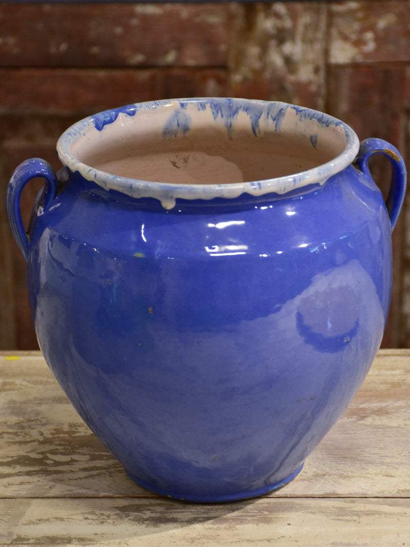 Antique French confit pot with blue glaze