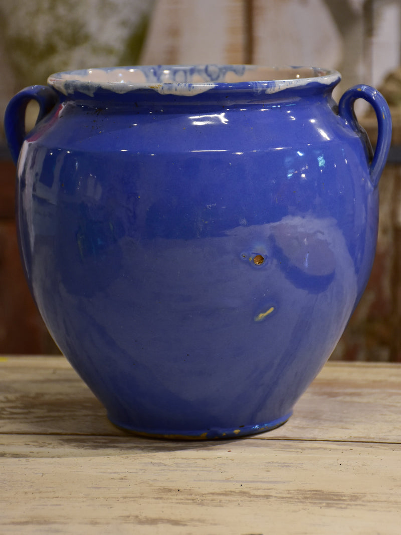 Antique French confit pot with blue glaze