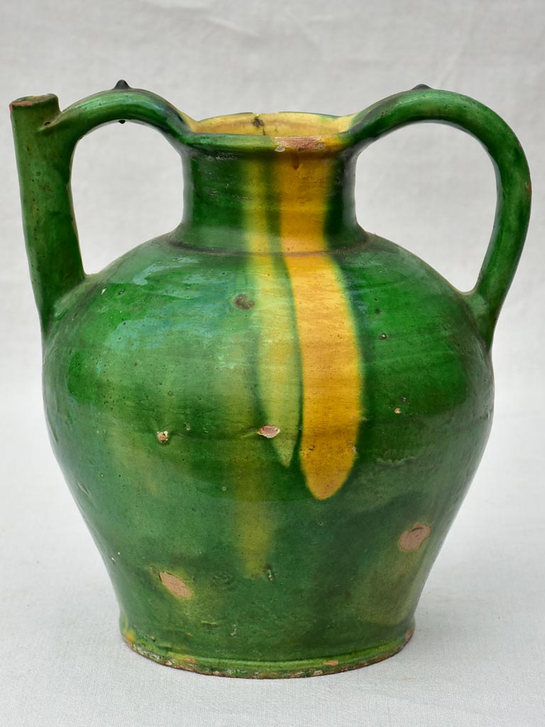 Superb 19th Century French water cruche with green and yellow glaze 11½"