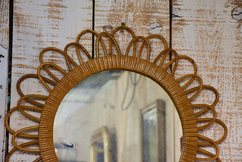 Vintage French sunburst mirror with wicker frame