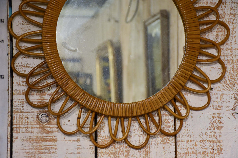Vintage French sunburst mirror with wicker frame