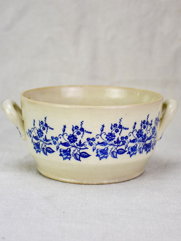 Small antique Saint Uze soup tureen with blue flowers