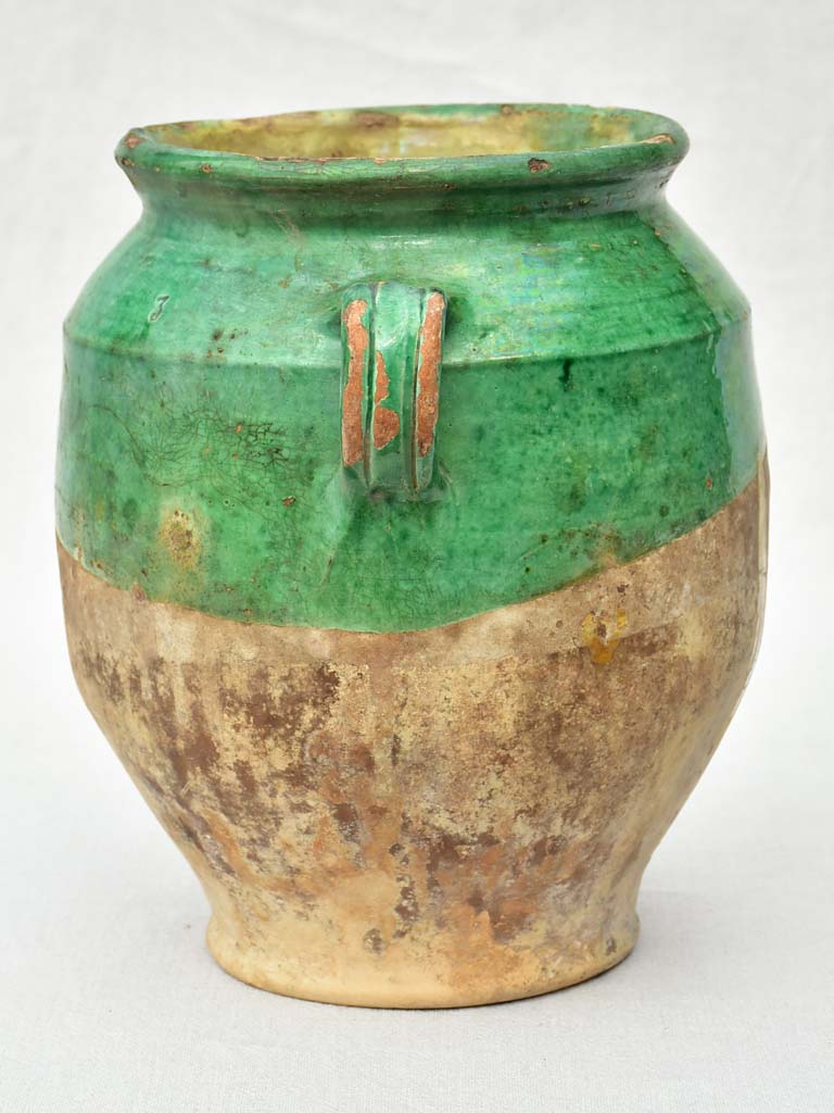 19th Century French confit pot with green glaze 11½"