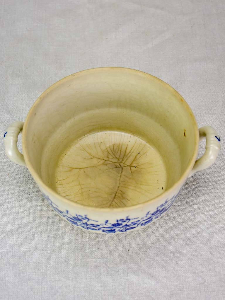 Small antique Saint Uze soup tureen with blue flowers