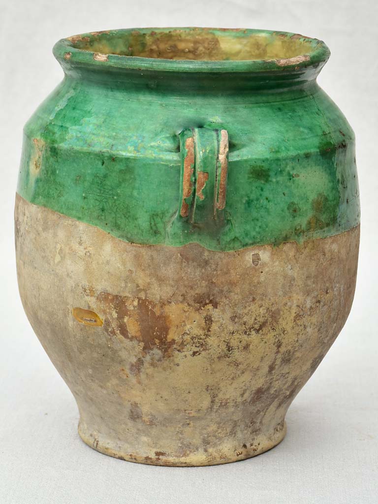 19th Century French confit pot with green glaze 11½"