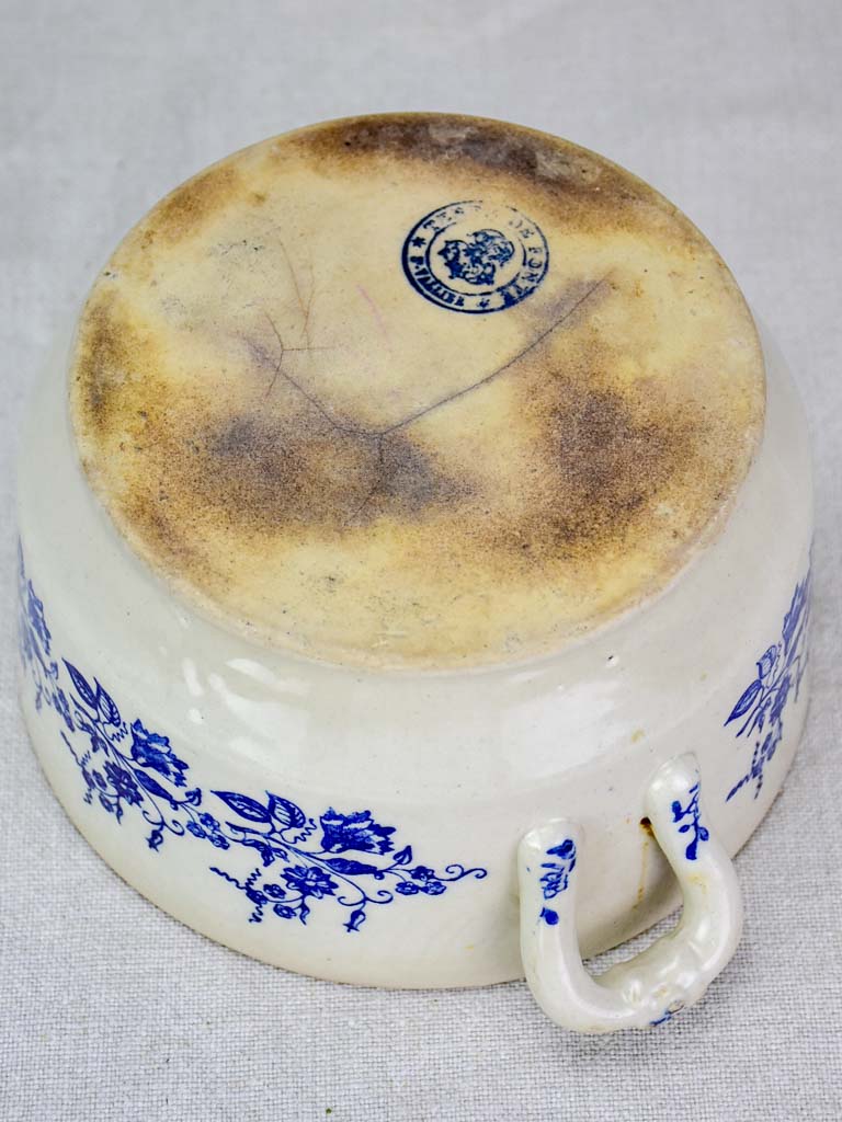 Small antique Saint Uze soup tureen with blue flowers