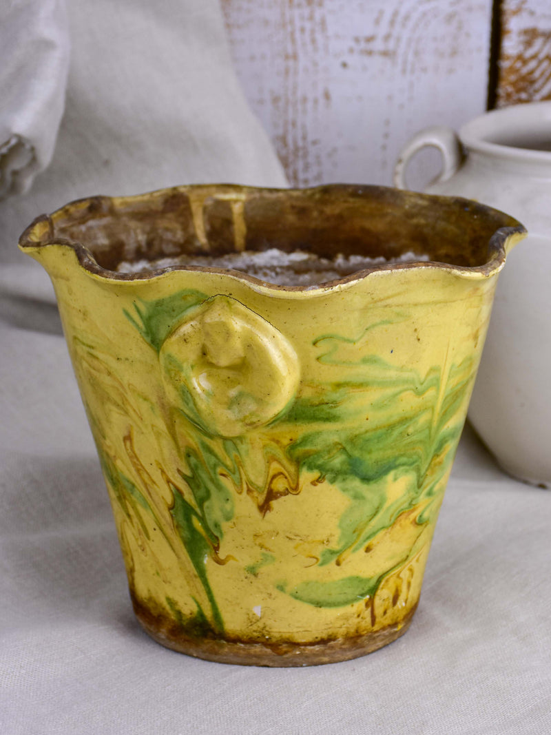 Antique French Jaspe pottery pot with swirl glaze